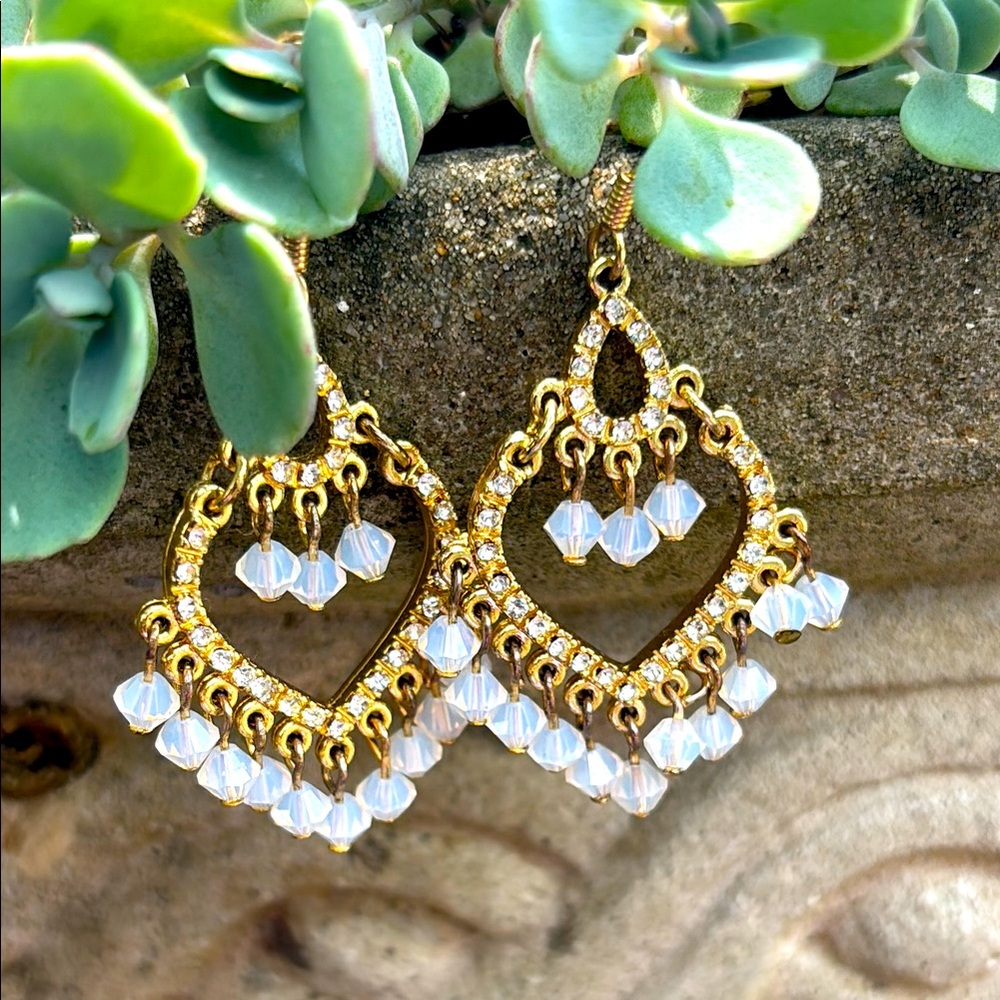 Elegant Gold Opalescent Crystal Drop DangleChandelier Earrings